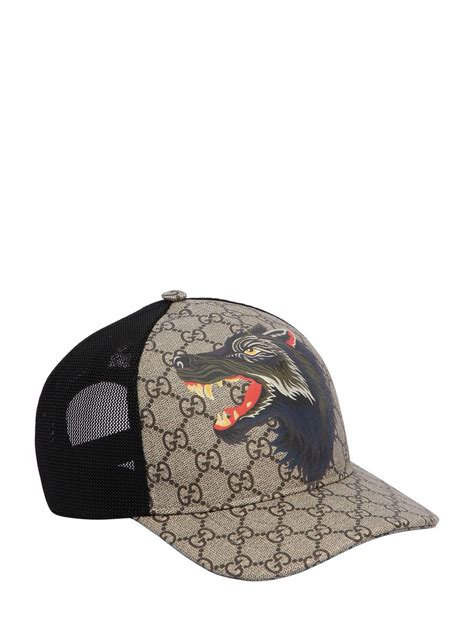 Gucci Gg Supreme Baseball Hat With Wolf In Black 